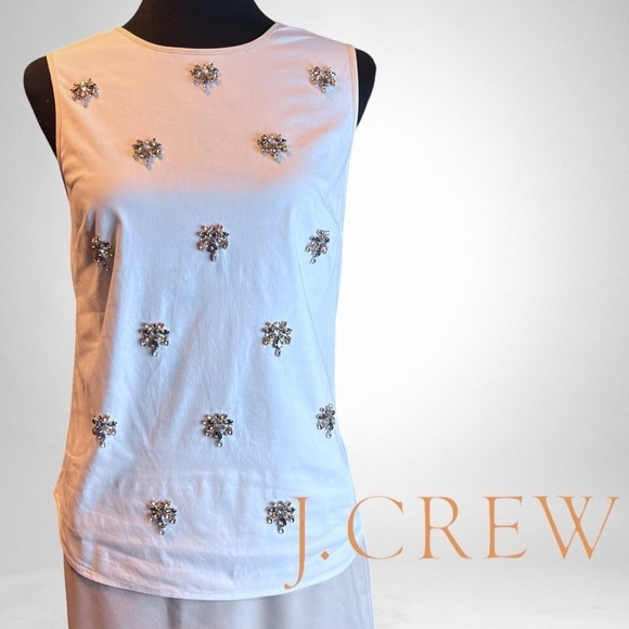 J Crew White w/ Beige Piping Jeweled Front Sleeveless Blouse Sz 0 - Picture 1 of 9